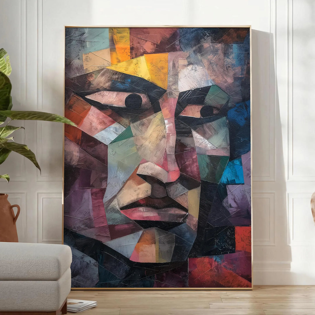 Cubist artwork featuring geometric shapes in shades of green and blue - in a bright minimalist room with a plant and an armchair