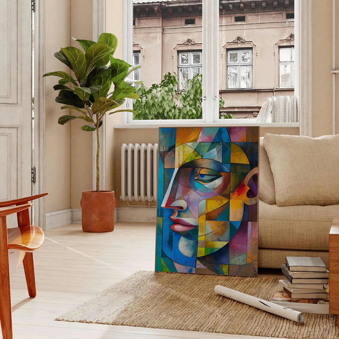 Cubist artwork featuring geometric shapes in green and blue tones - in a Parisian living room with a sofa and a fig plant