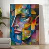 Cubist artwork featuring geometric shapes in green and blue tones - in a bright minimalist room with a plant and an armchair
