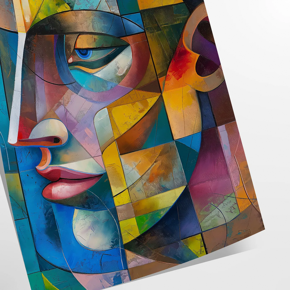 Cubist artwork featuring geometric shapes in green and blue tones