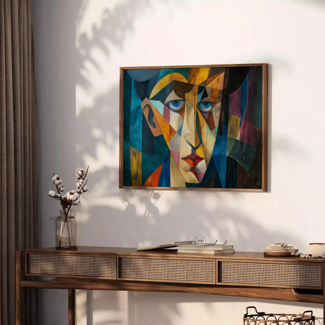 Cubist artwork featuring abstract shapes in green and blue tones - styled on a counter with eucalyptus and a bowl of lemons