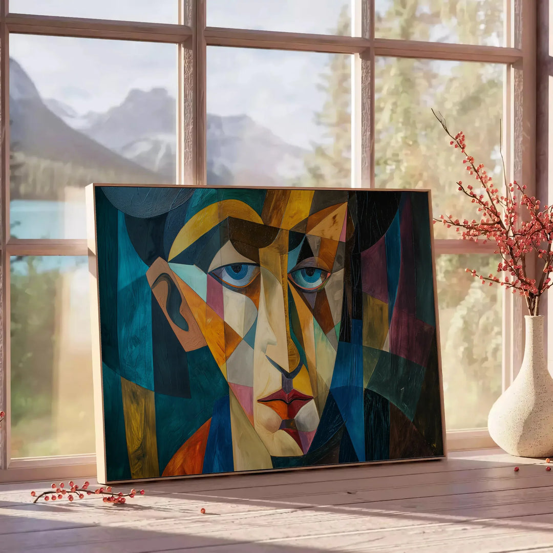 Cubist artwork featuring abstract shapes in green and blue tones - beside a round wooden side table with books