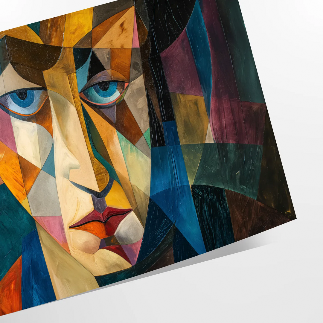 Cubist artwork featuring abstract shapes in green and blue tones - as a rolled, unframed print