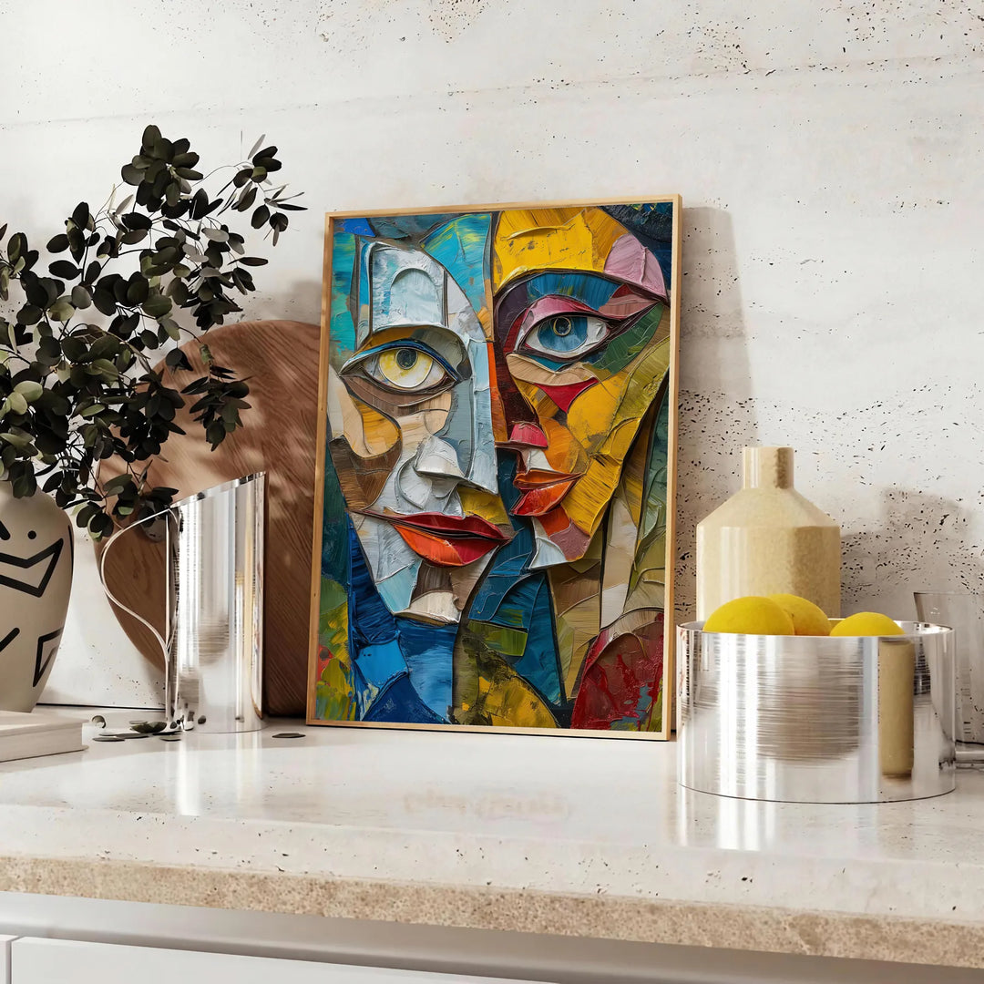 Cubist artwork featuring geometric shapes in green and gray tones - styled on a counter with eucalyptus and a bowl of lemons