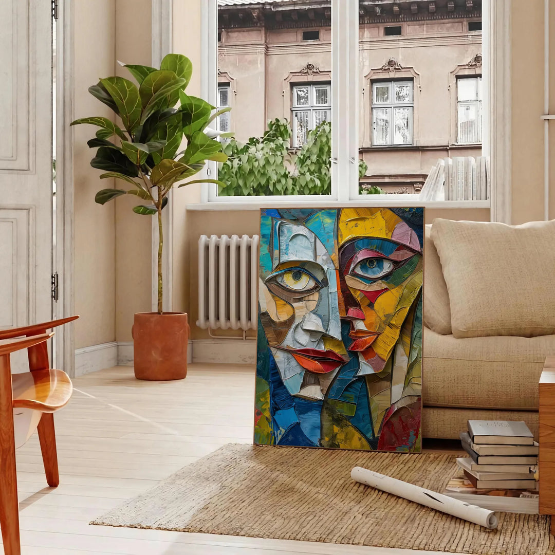 Cubist artwork featuring geometric shapes in green and gray tones - in a Parisian living room with a sofa and a fig plant