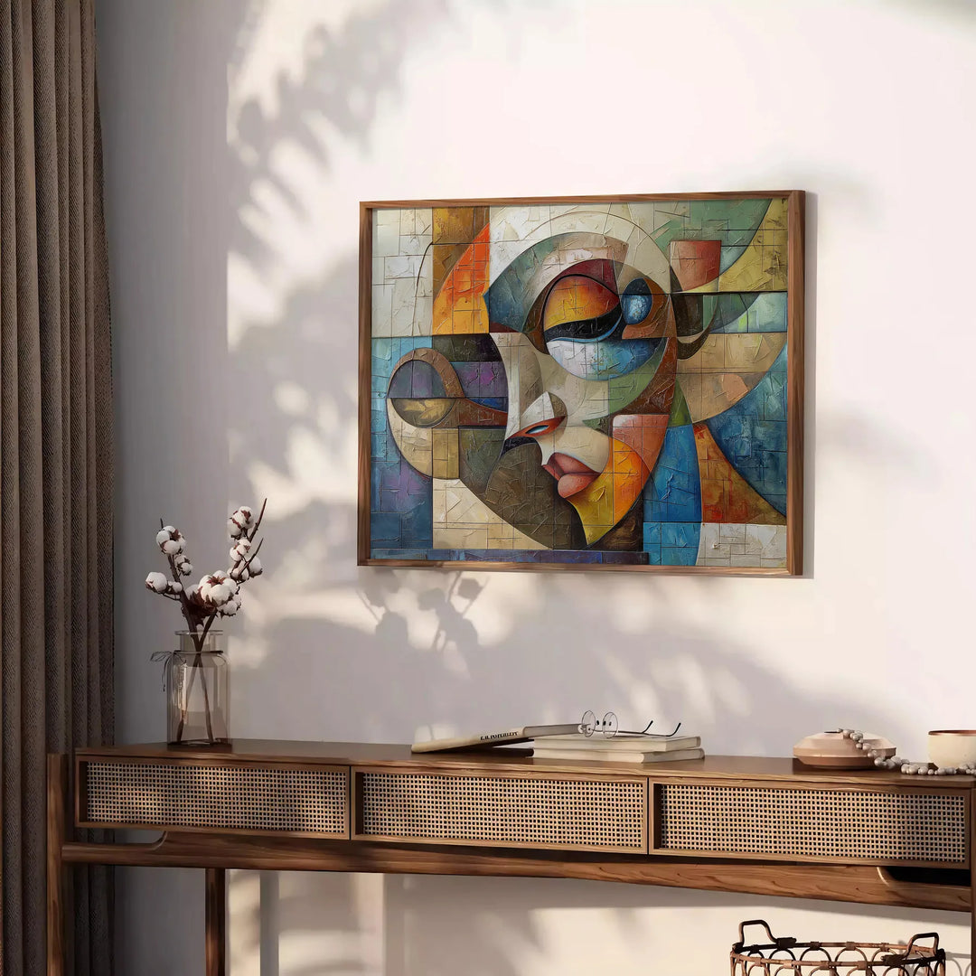 Cubist composition featuring geometric shapes in shades of gray and green - styled on a counter with eucalyptus and a bowl of lemons