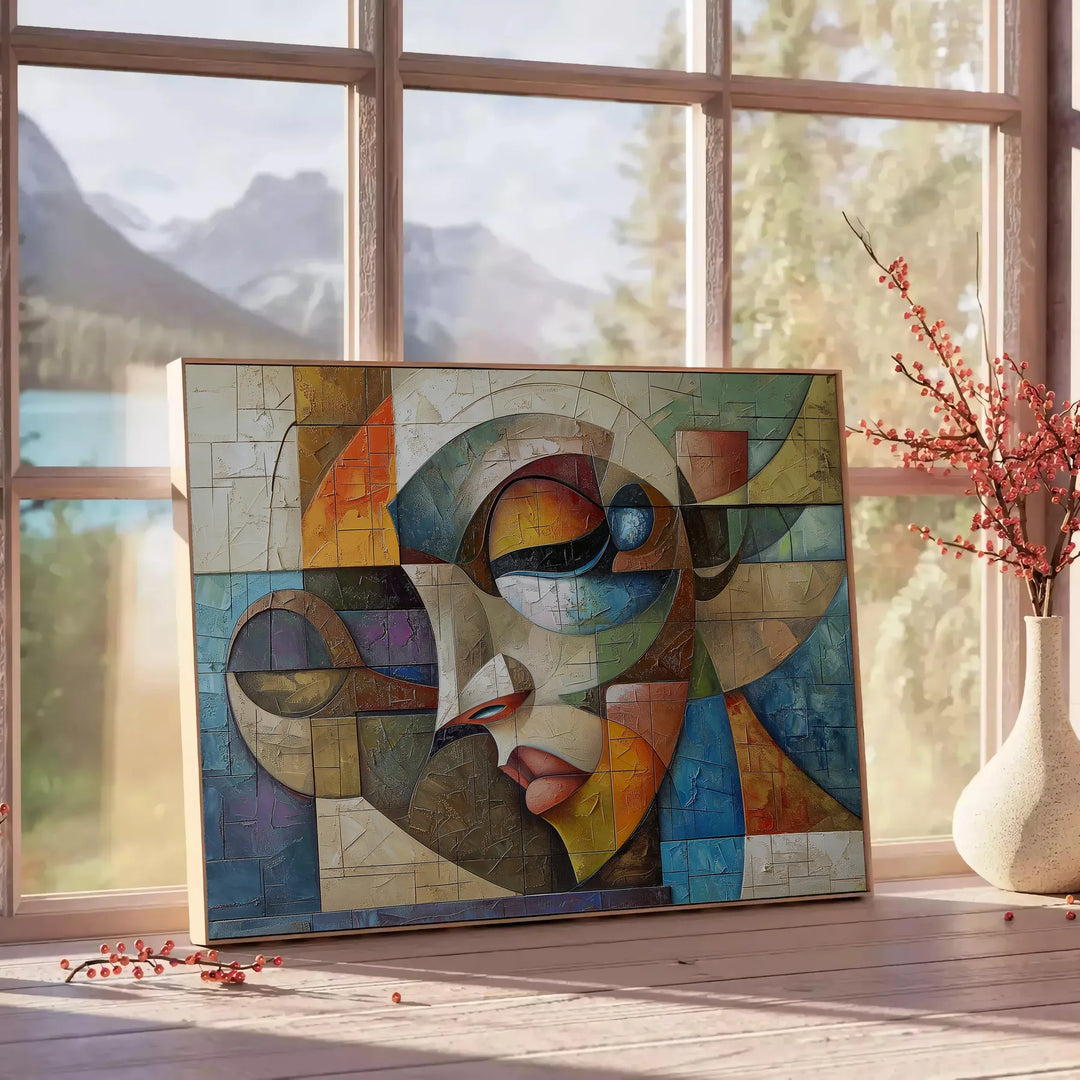 Cubist composition featuring geometric shapes in shades of gray and green - beside a round wooden side table with books