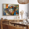 Cubist composition featuring geometric shapes in shades of gray and green - in a Parisian living room with a sofa and a fig plant