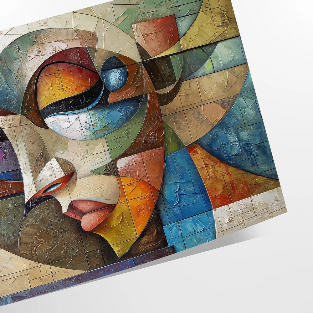 Cubist composition featuring geometric shapes in shades of gray and green