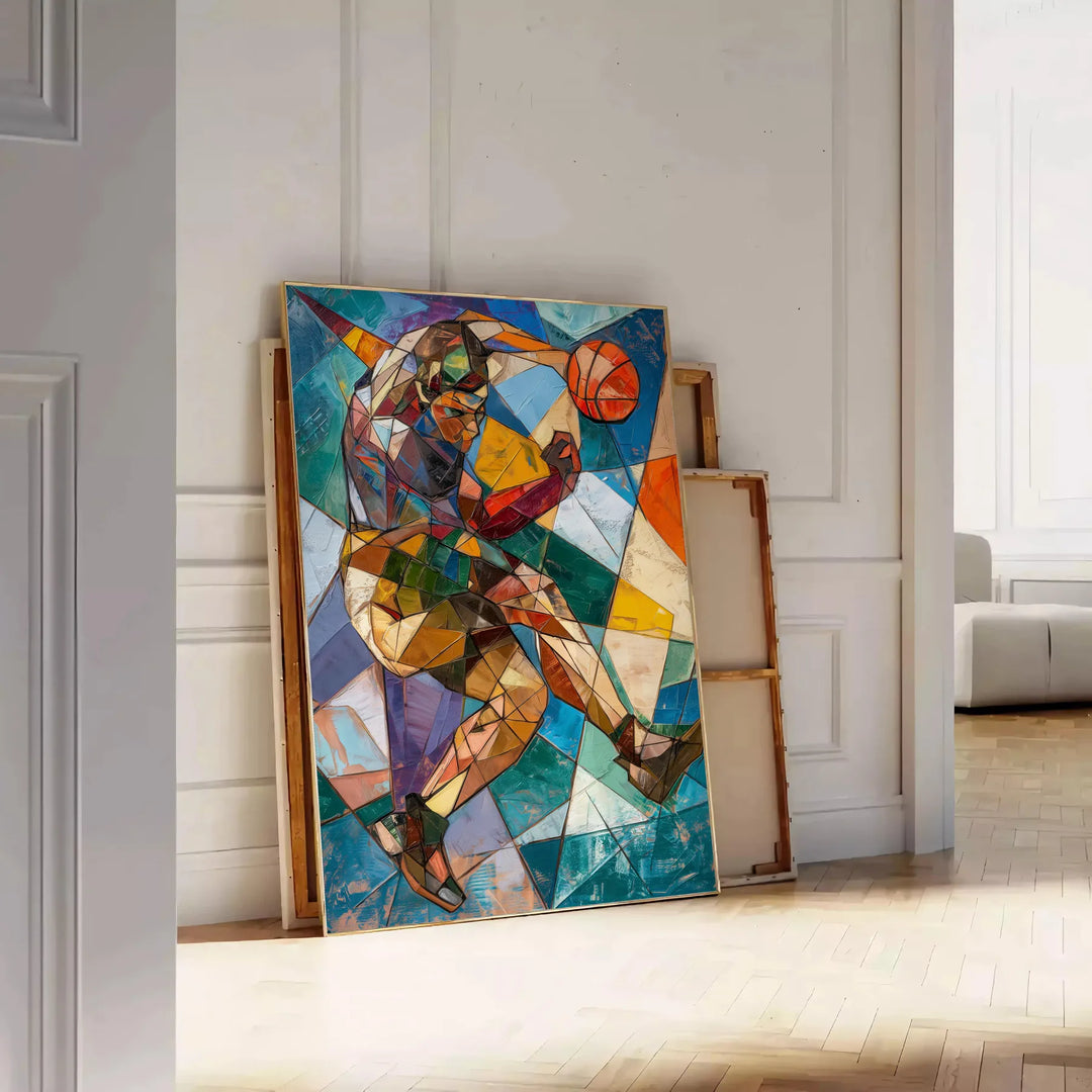 Cubist artwork featuring abstract shapes in shades of gray and green - leaning on a herringbone floor against a white panelled wall