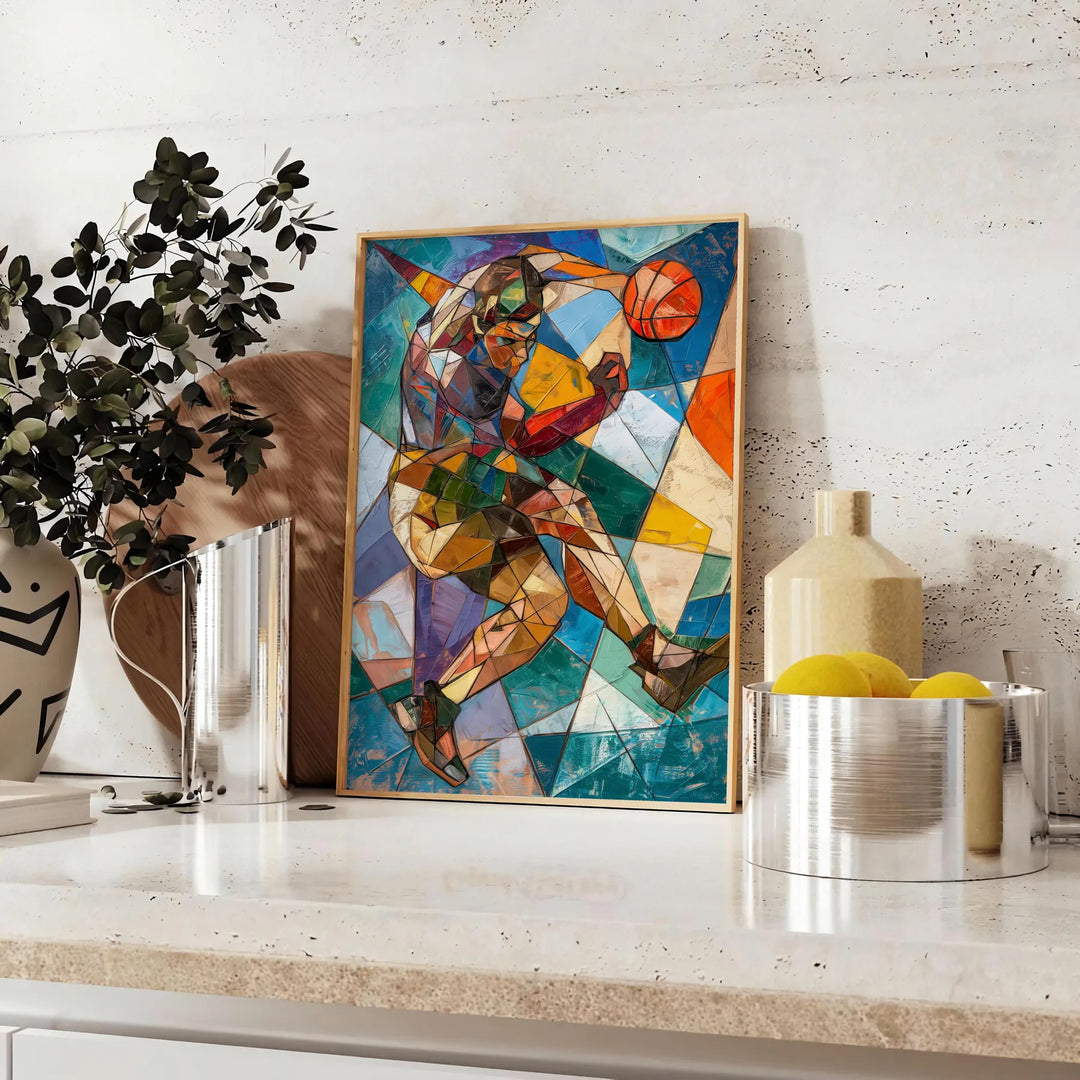 Cubist artwork featuring abstract shapes in shades of gray and green - styled on a counter with eucalyptus and a bowl of lemons
