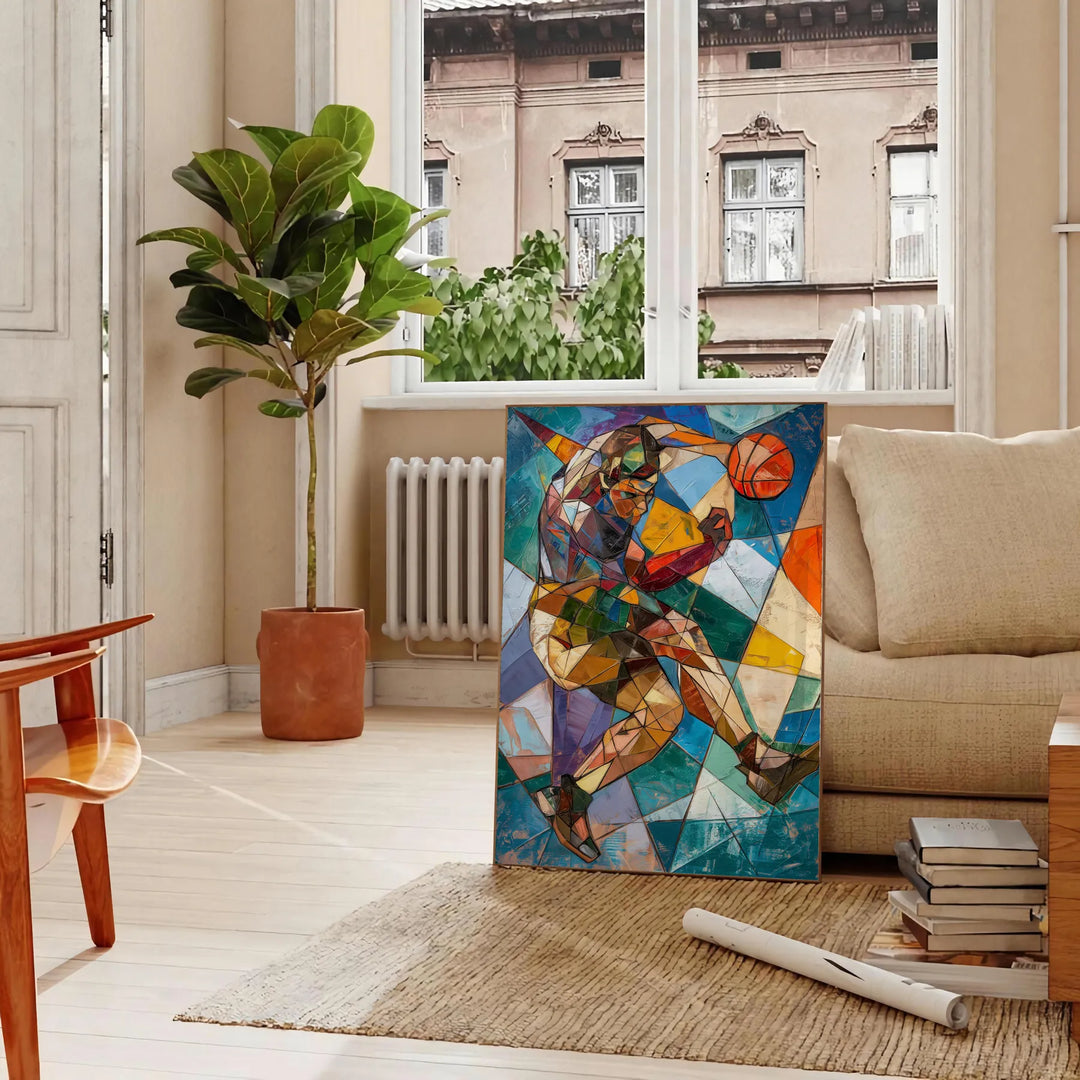 Cubist artwork featuring abstract shapes in shades of gray and green - in a Parisian living room with a sofa and a fig plant