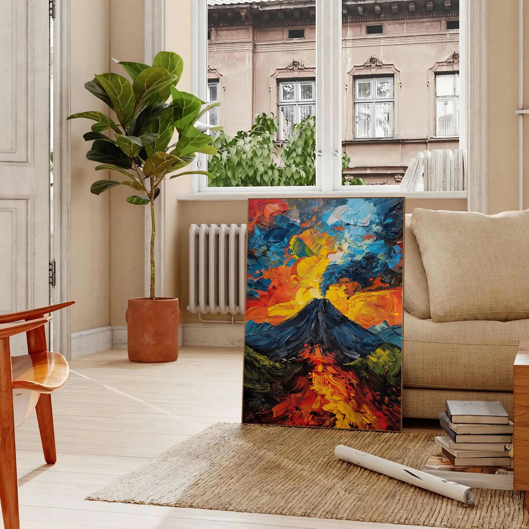 Cubist artwork featuring geometric shapes in green and blue tones - in a Parisian living room with a sofa and a fig plant