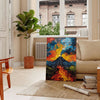 Cubist artwork featuring geometric shapes in green and blue tones - in a Parisian living room with a sofa and a fig plant