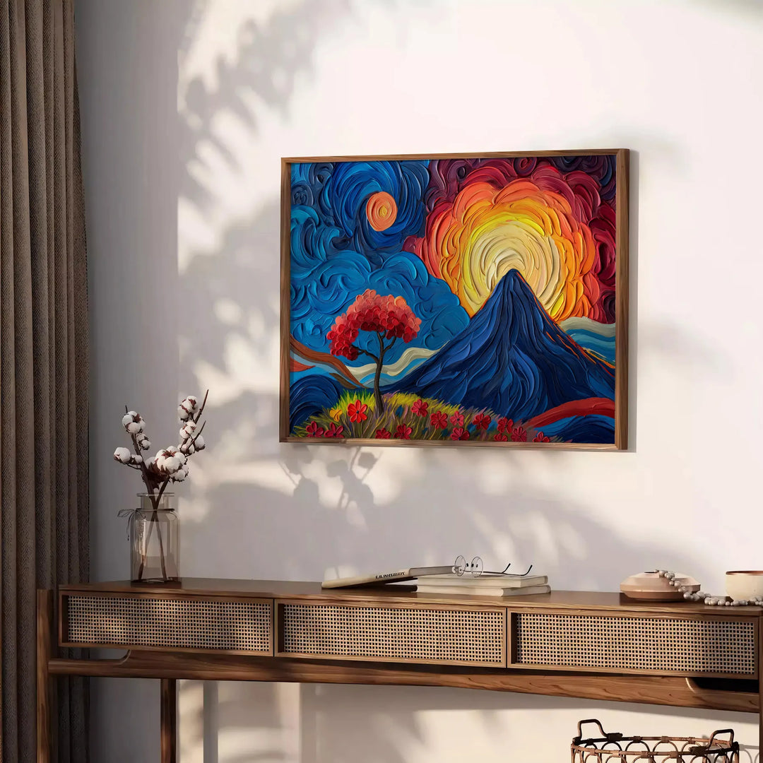 Composição cubista abstrata com formas e cores verdes e azuis - sobre uma bancada com eucalipto e uma taça de limões