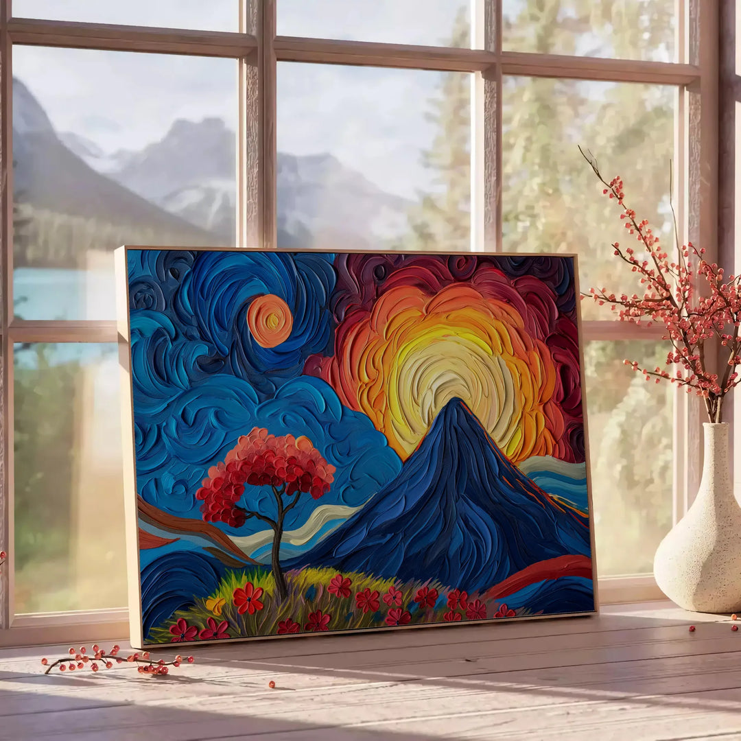 Composição cubista abstrata com formas e cores verdes e azuis - ao lado de uma mesa de apoio redonda em madeira com livros