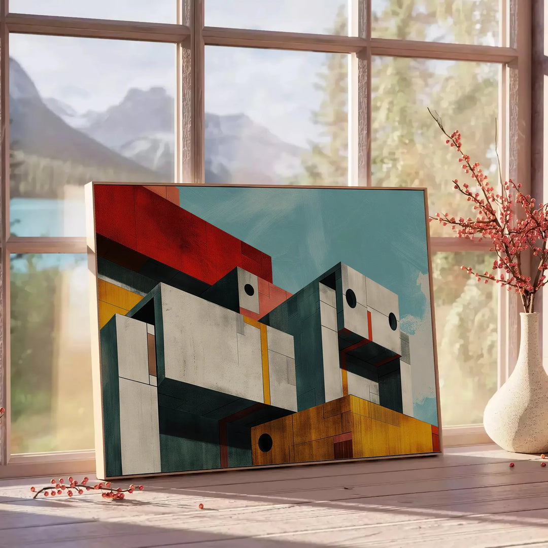 Kubistische Kunst mit kräftigen schwarzen und orangefarbenen geometrischen Formen - neben einem runden Beistelltisch aus Holz mit Büchern