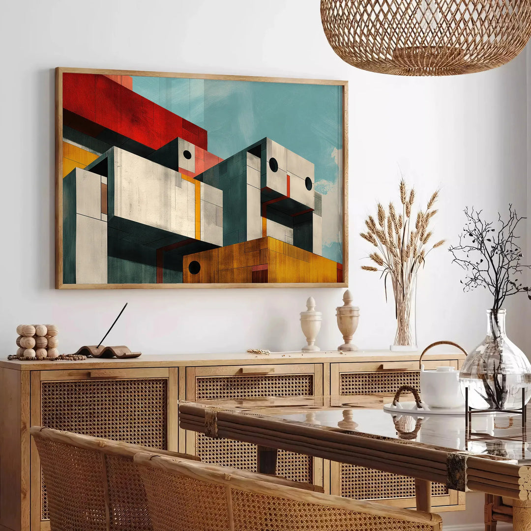 Kubistische Kunst mit kräftigen schwarzen und orangefarbenen geometrischen Formen - in einem Pariser Wohnzimmer mit Sofa und einer Geigenfeige