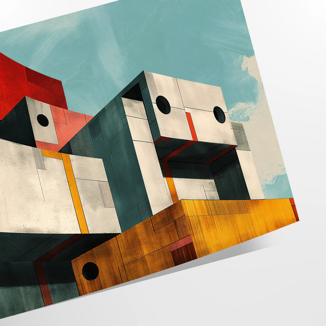 Kubistische Kunst mit kräftigen schwarzen und orangefarbenen geometrischen Formen - als gerollter Druck, ohne Rahmen