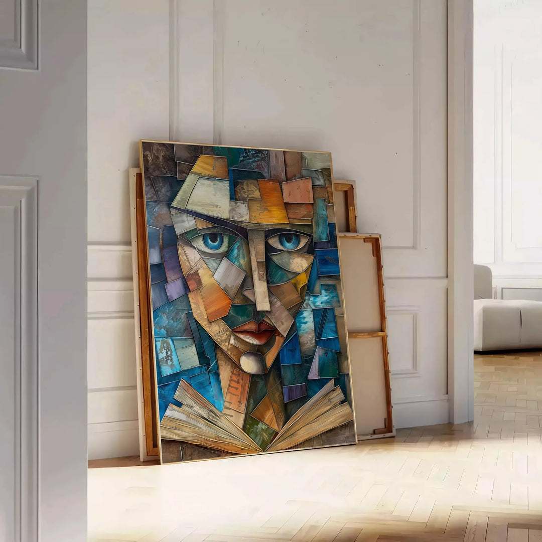 Kubistische Kunst mit komplexen geometrischen Formen in grünen und grauen Tönen - an eine weiße Paneelwand gelehnt auf Fischgrätparkett