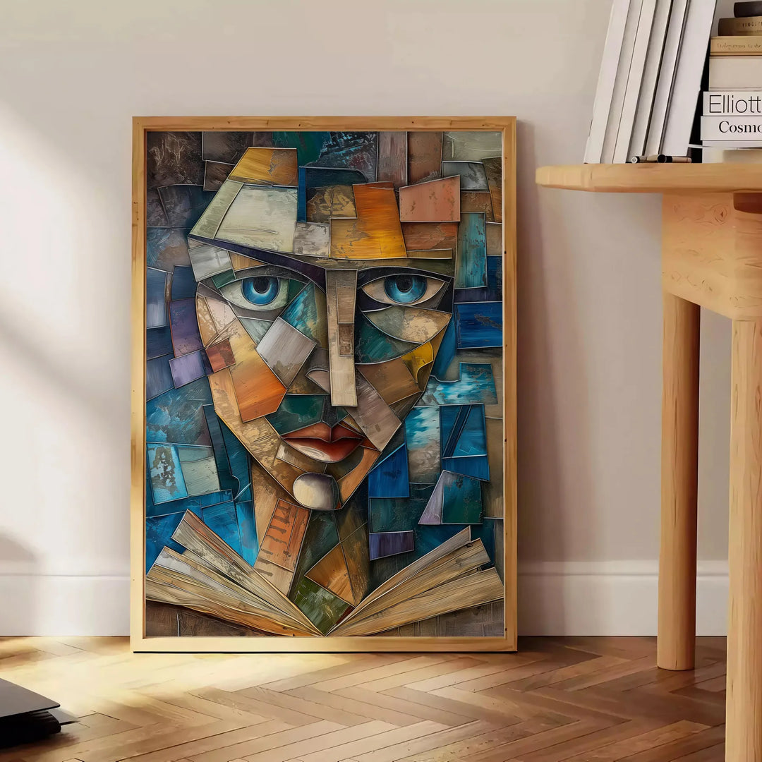 Kubistische Kunst mit komplexen geometrischen Formen in grünen und grauen Tönen - neben einem runden Beistelltisch aus Holz mit Büchern