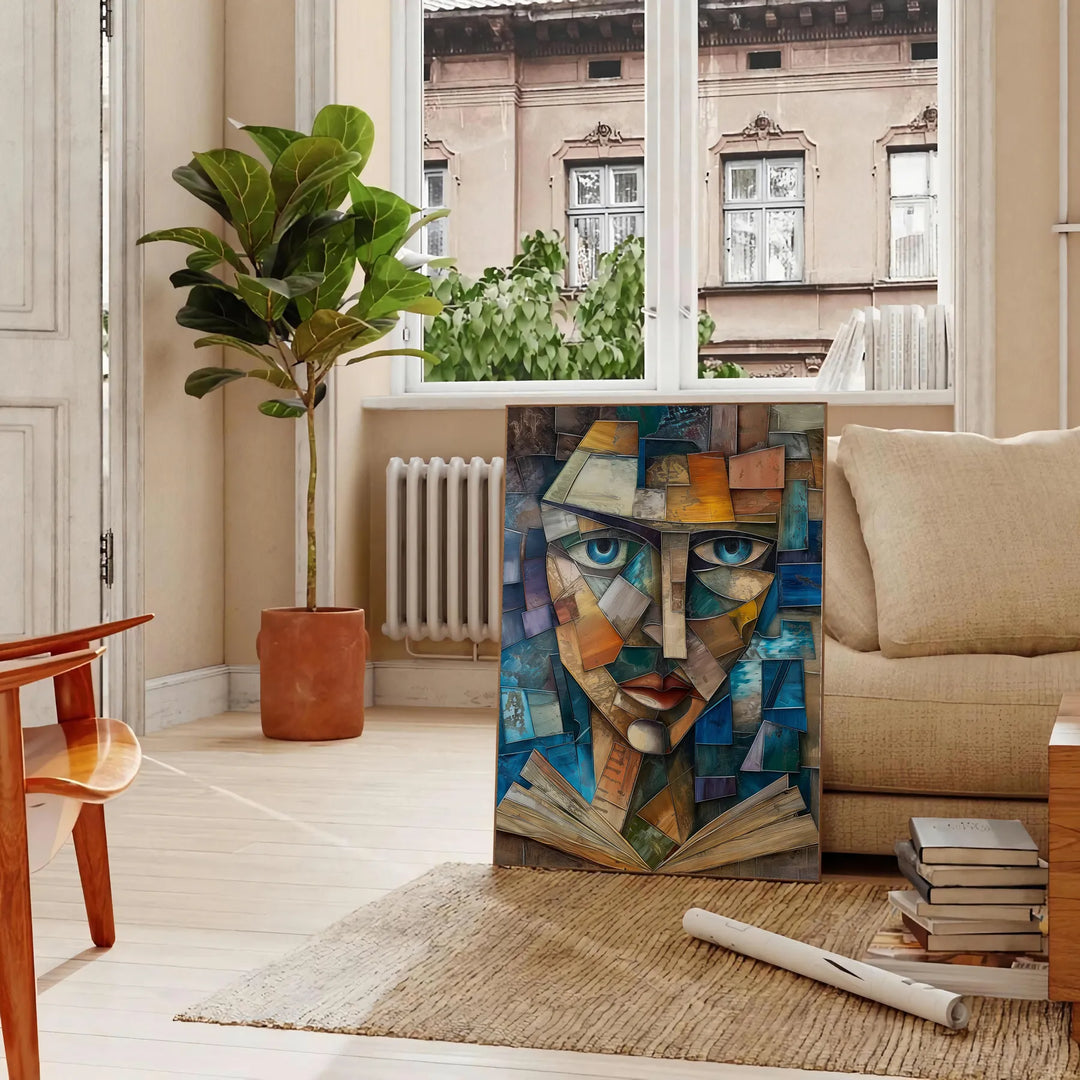 Kubistische Kunst mit komplexen geometrischen Formen in grünen und grauen Tönen - in einem Pariser Wohnzimmer mit Sofa und einer Geigenfeige