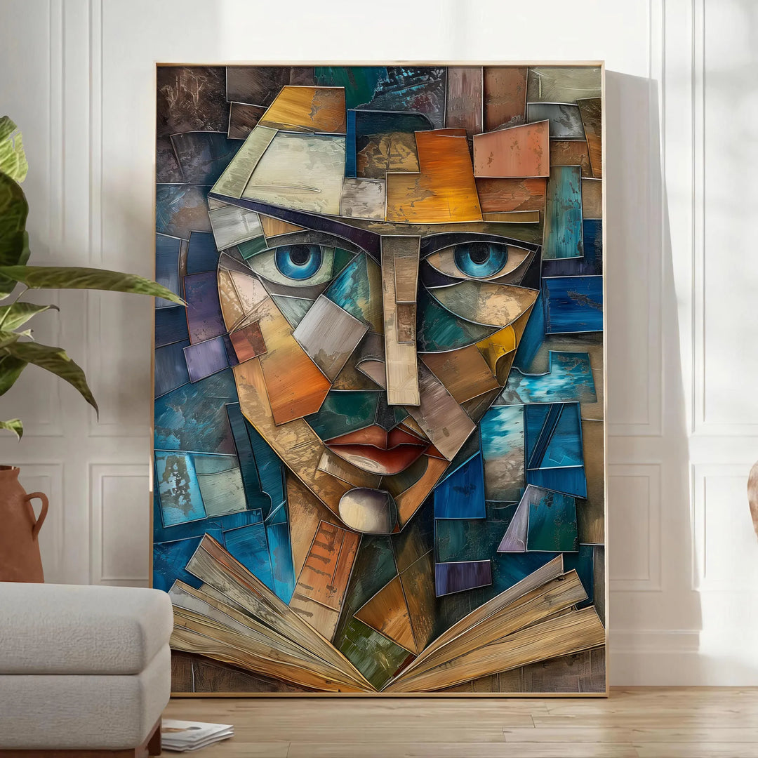 Kubistische Kunst mit komplexen geometrischen Formen in grünen und grauen Tönen - in einem hellen minimalistischen Raum mit Pflanze und Sessel