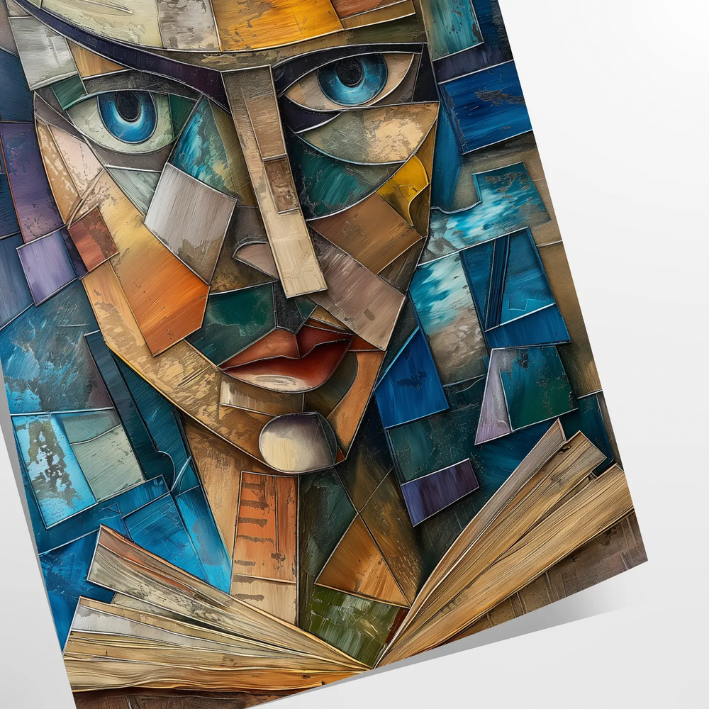 Cubist artwork featuring intricate geometric shapes in green and gray tones
