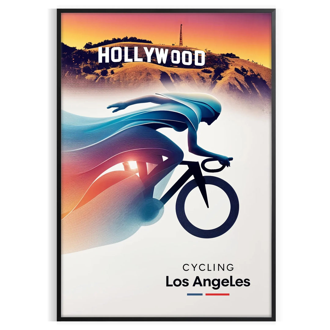 Retro cycling illustration featuring the 1984 Los Angeles Olympics in bold colors