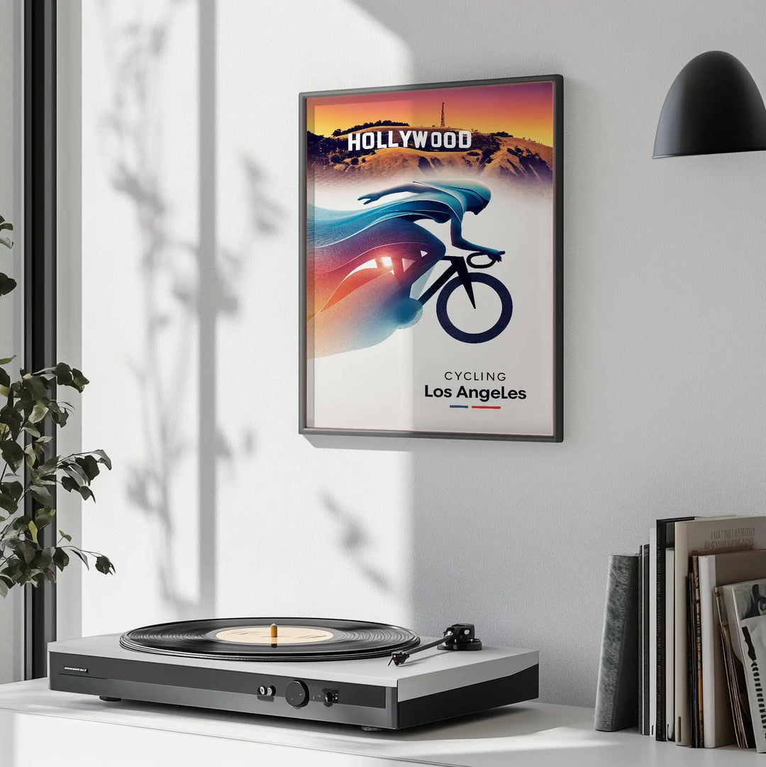 Retro cycling illustration featuring the 1984 Los Angeles Olympics in bold colors