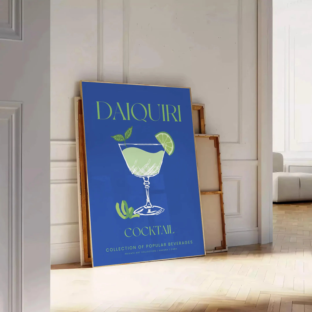 Illustration of a daiquiri cocktail in green and blue tones - leaning on a herringbone floor against a white panelled wall