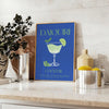 Illustration of a daiquiri cocktail in green and blue tones - styled on a counter with eucalyptus and a bowl of lemons