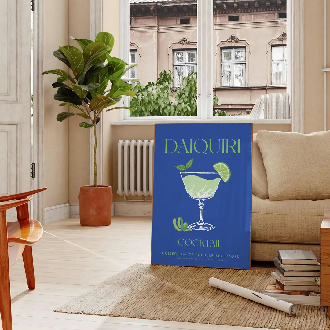 Illustration of a daiquiri cocktail in green and blue tones - in a Parisian living room with a sofa and a fig plant