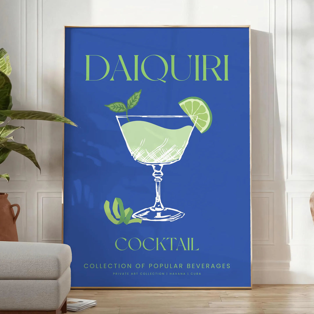 Illustration of a daiquiri cocktail in green and blue tones - in a bright minimalist room with a plant and an armchair
