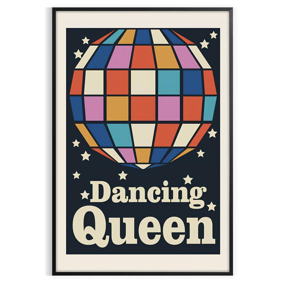 A retro-inspired poster featuring a dancing figure in orange and black hues