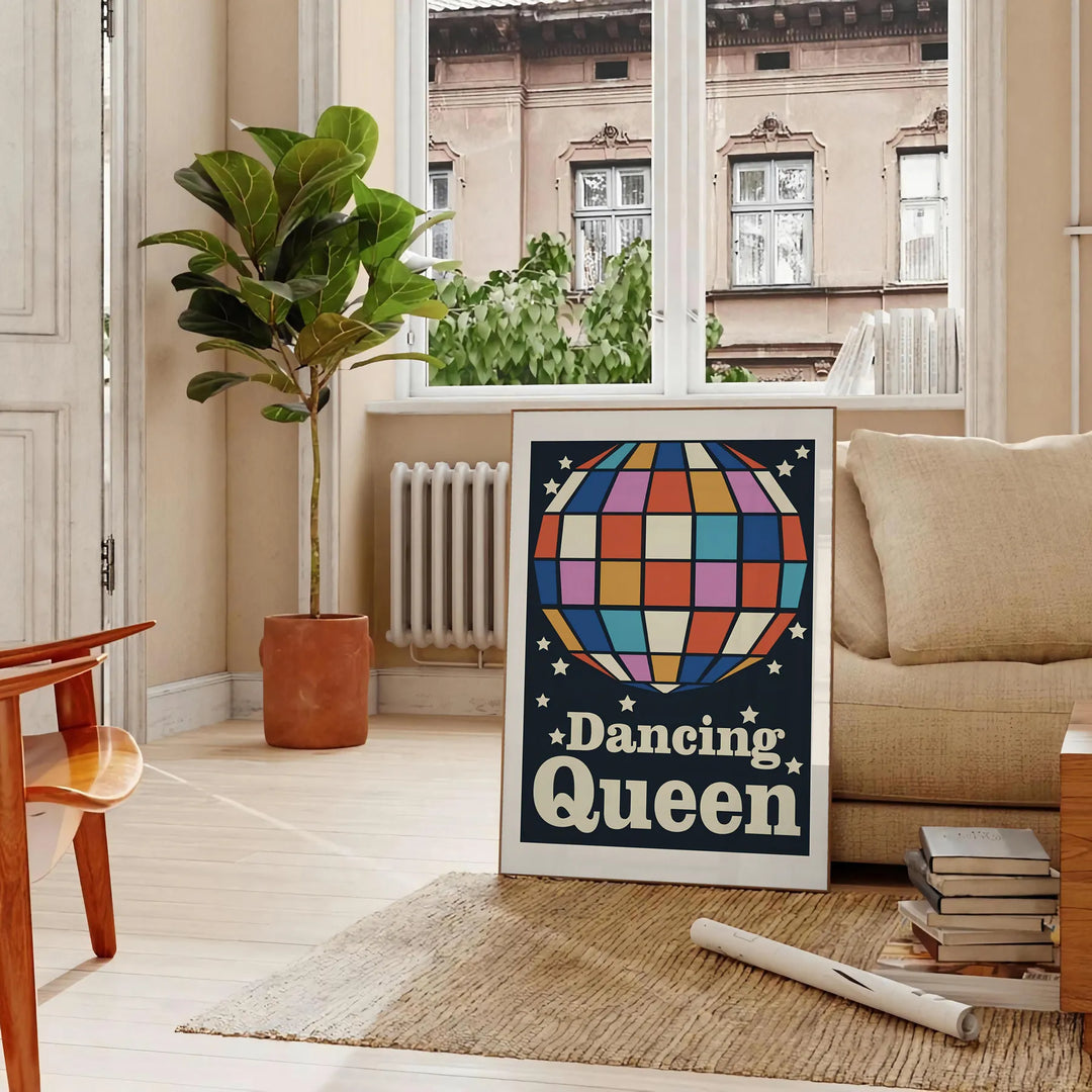A retro-inspired poster featuring a dancing figure in orange and black hues - in a Parisian living room with a sofa and a fig plant