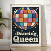 A retro-inspired poster featuring a dancing figure in orange and black hues - in a bright minimalist room with a plant and an armchair