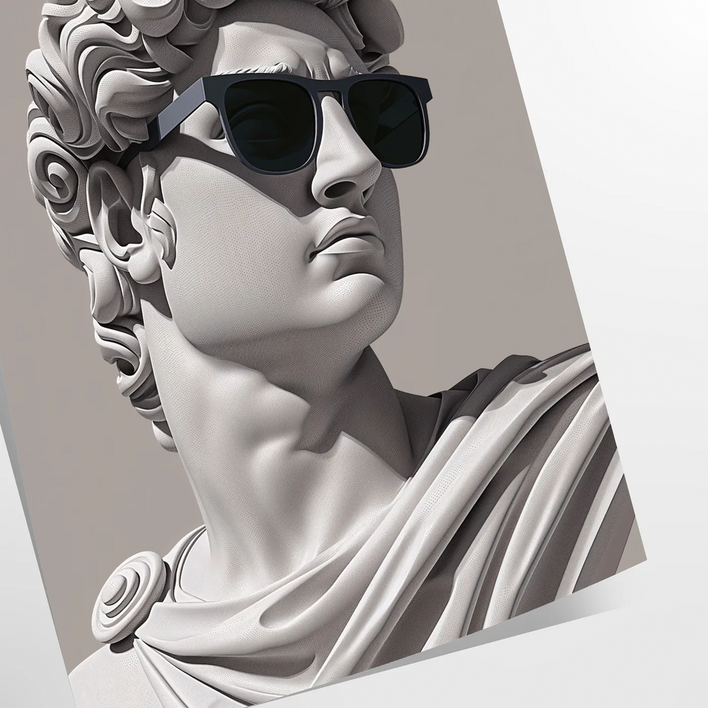 A stylized portrait of David wearing sunglasses, featuring bold black and green colors