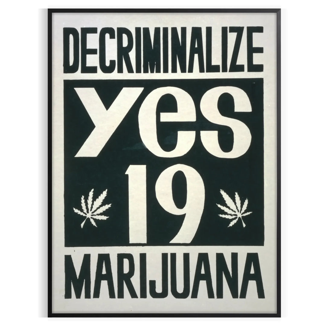 Vintage poster featuring bold black and orange design advocating marijuana decriminalization