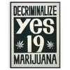 Vintage poster featuring bold black and orange design advocating marijuana decriminalization - in a black frame