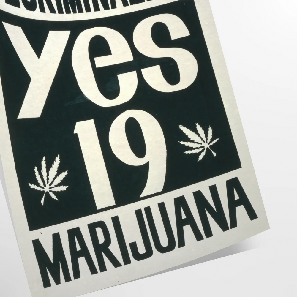 Vintage poster featuring bold black and orange design advocating marijuana decriminalization