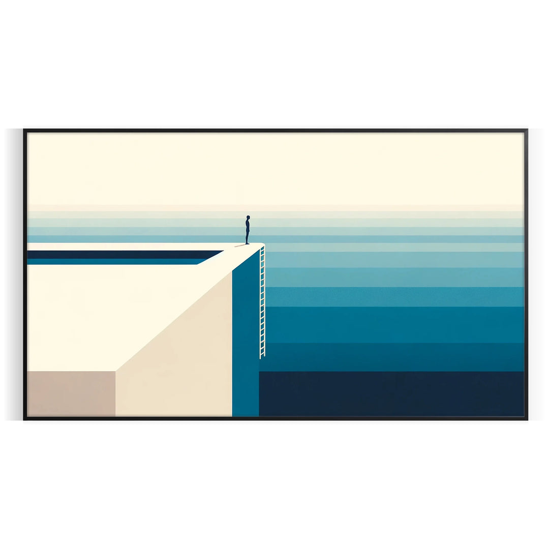 Abstract deep blue artwork with fluid shapes and soft white accents