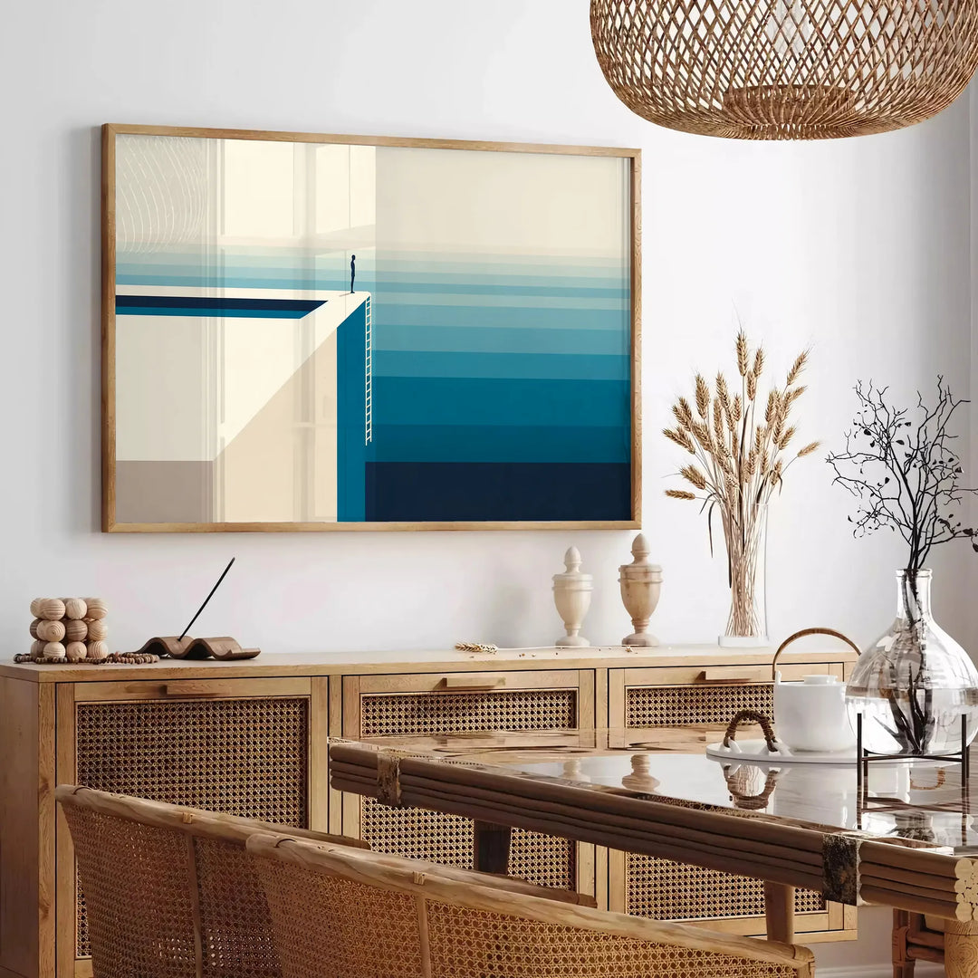 Abstract deep blue artwork with fluid shapes and soft white accents - in a Parisian living room with a sofa and a fig plant