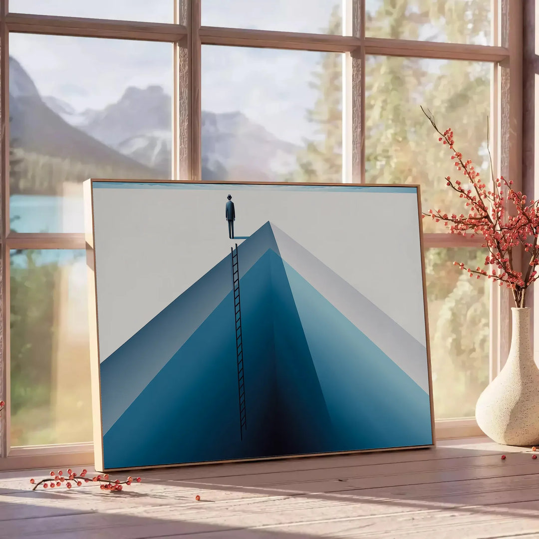A deep blue abstract design with soft gray tones - beside a round wooden side table with books