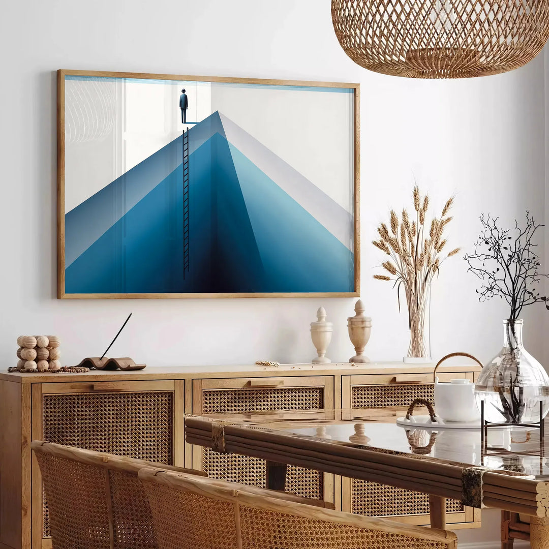 A deep blue abstract design with soft gray tones - in a Parisian living room with a sofa and a fig plant