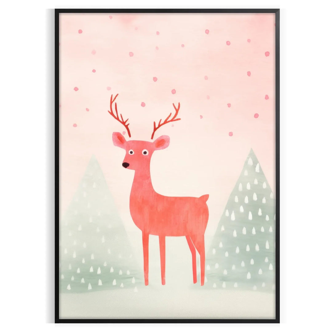 A deer standing in a snowy landscape with gray and orange tones