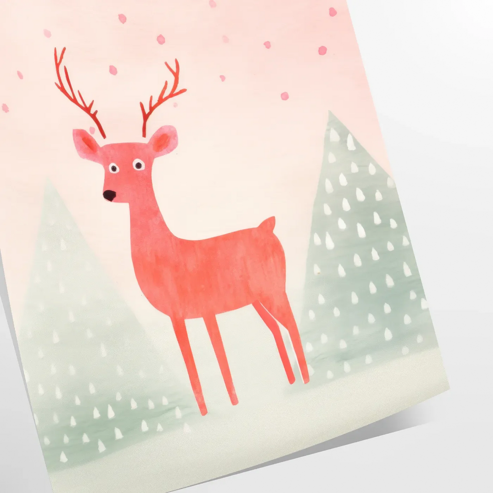 A deer standing in a snowy landscape with gray and orange tones