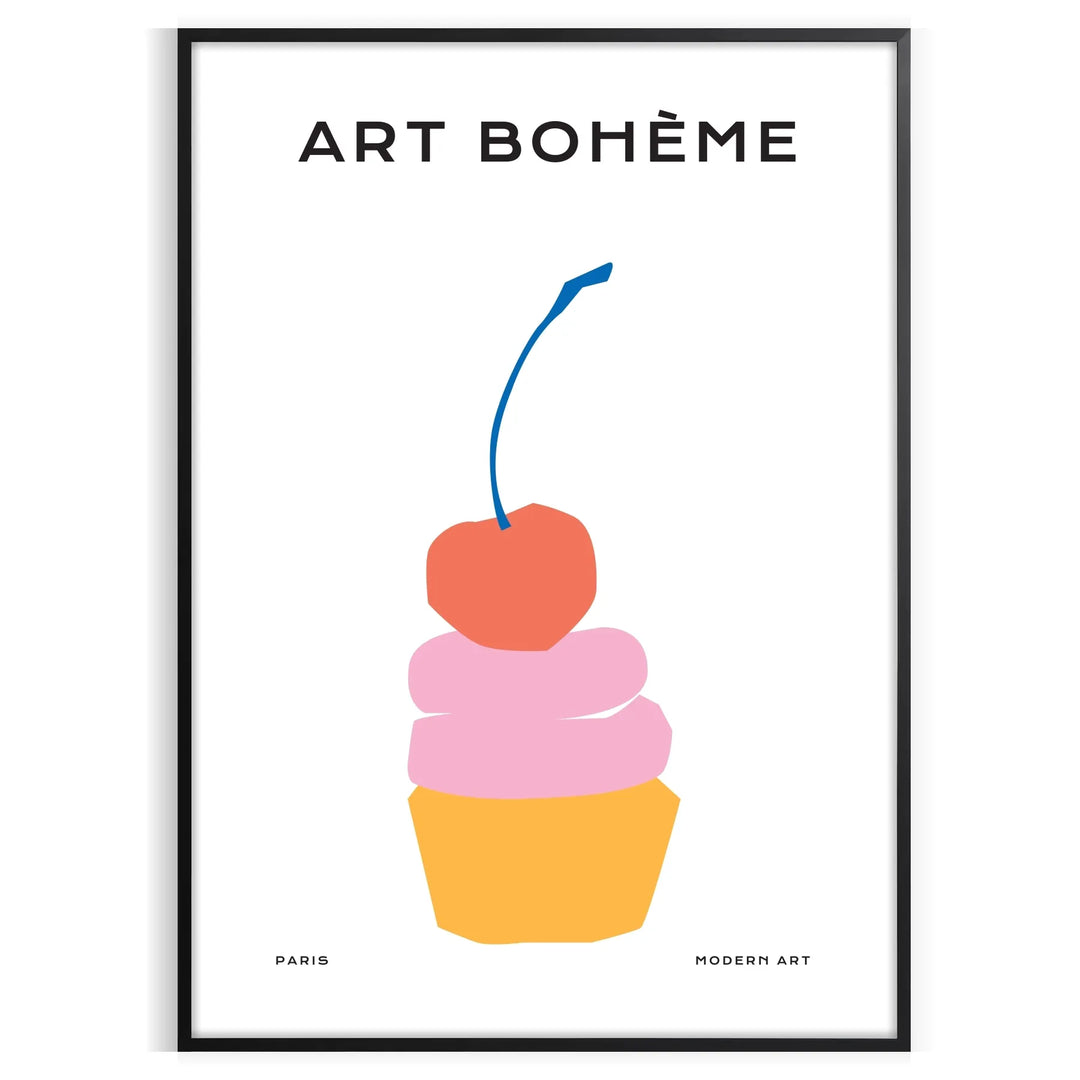 illustration of cherries with orange and blue accents in a kitchen setting