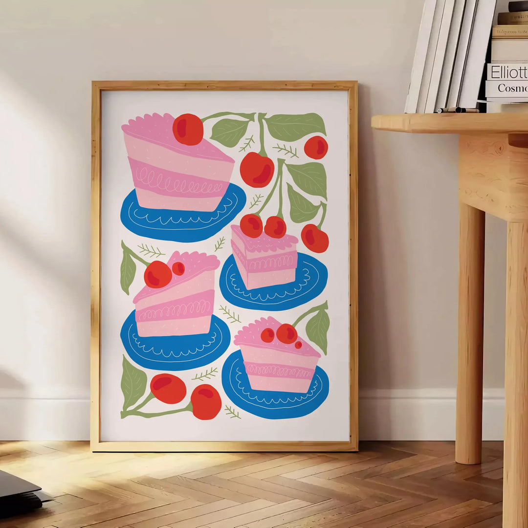 escena de cocina divertida con postres coloridos en tonos naranjas y azules - junto a una mesa auxiliar redonda de madera con libros