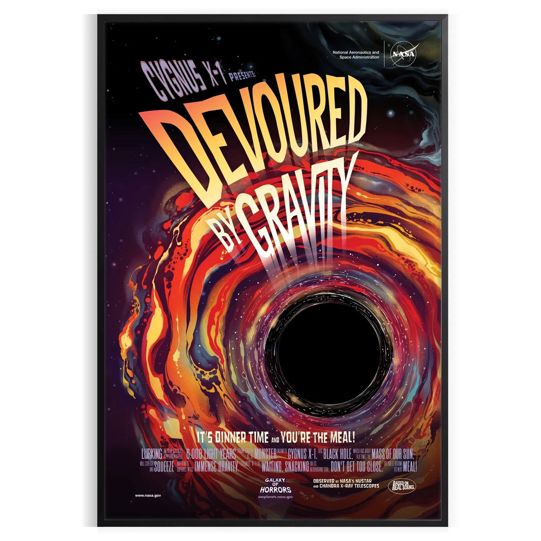 A cosmic travel poster featuring swirling black and orange tones, depicting gravity's pull.